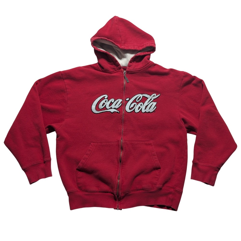Coca-Cola Red Full Zip Hoodie Applique Logo Waffle Lined hood Women Medium